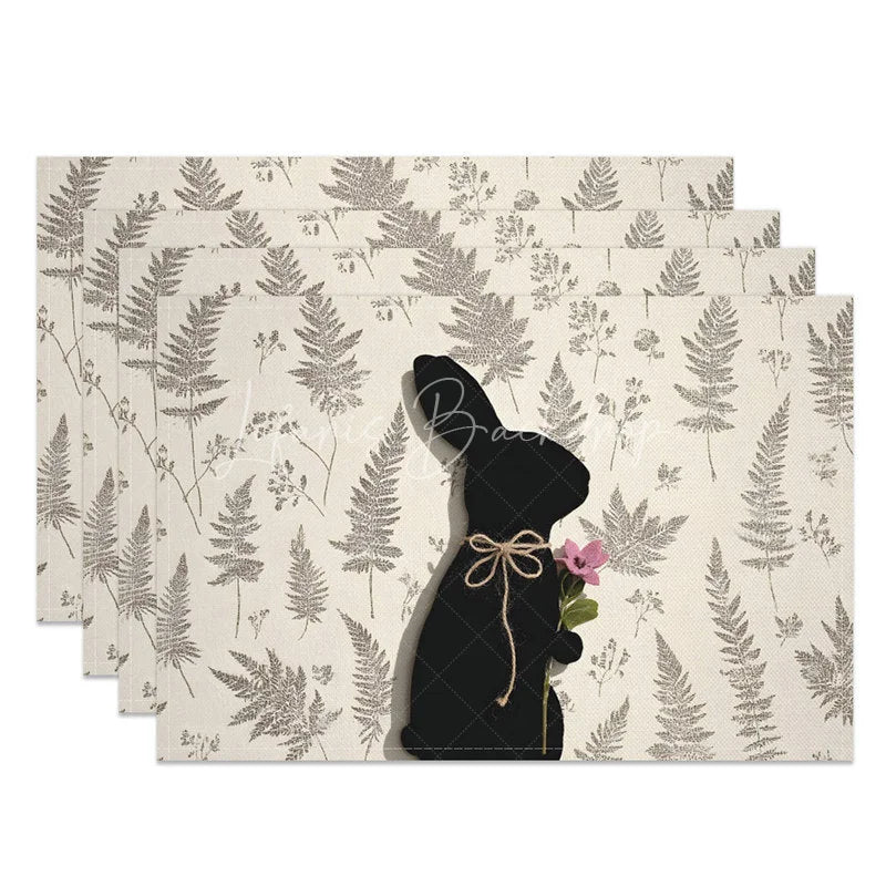 Lofaris Easter Black Bunny Set of 4 Placemats Grey Fern Silhouette Rabbit Linen Table Mats for Spring