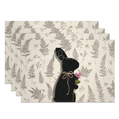Lofaris Easter Black Bunny Set of 4 Placemats Grey Fern Silhouette Rabbit Linen Table Mats for Spring