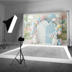 Lofaris Easter Bunny and Hanging Carrots Backdrop Spring Woodland Garden Balloon Arch for Cake Smash Photo