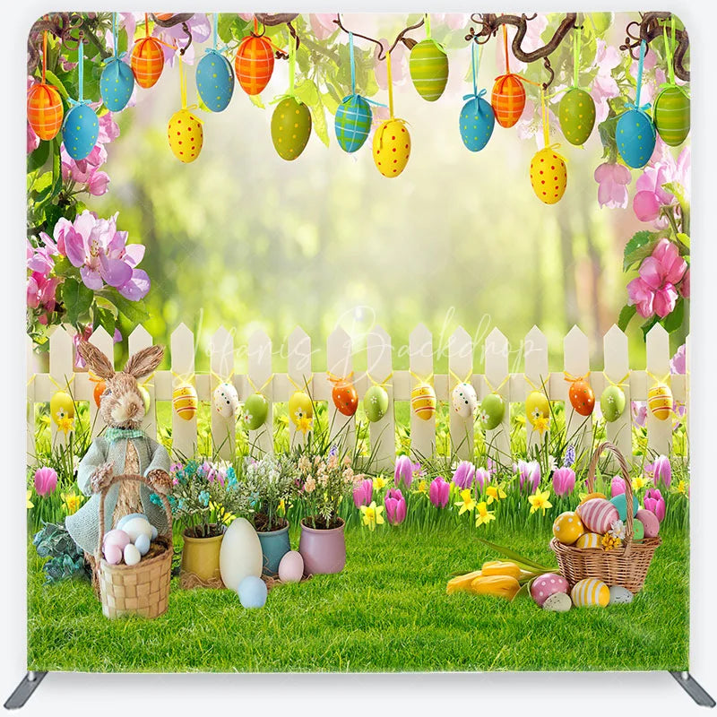 Lofaris Easter Bunny and Hanging Eggs Garden Backdrop White Fence Spring Floral Decor Tension Fabric