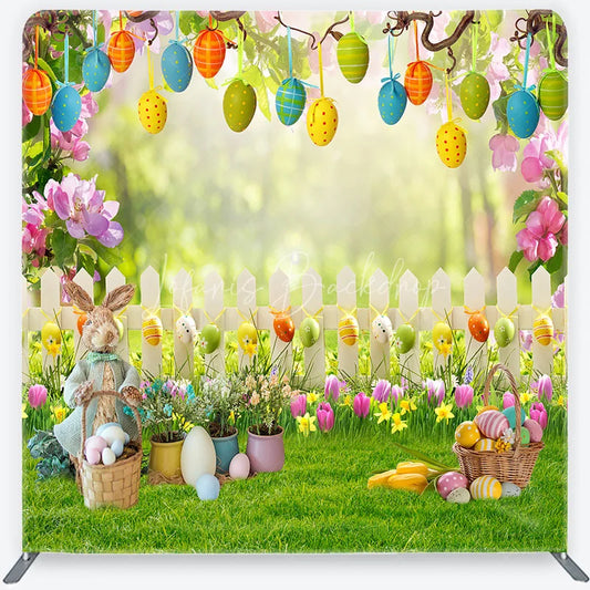 Lofaris Easter Bunny and Hanging Eggs Garden Backdrop White Fence Spring Floral Decor Tension Fabric