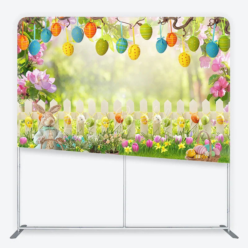 Lofaris Easter Bunny and Hanging Eggs Garden Backdrop White Fence Spring Floral Decor Tension Fabric