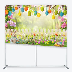 Lofaris Easter Bunny and Hanging Eggs Garden Backdrop White Fence Spring Floral Decor Tension Fabric