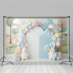 Lofaris Easter Bunny and Pastel Balloon Backdrop Cute Rabbit Spring Flowers Clouds Photo Background for Kids Birthday