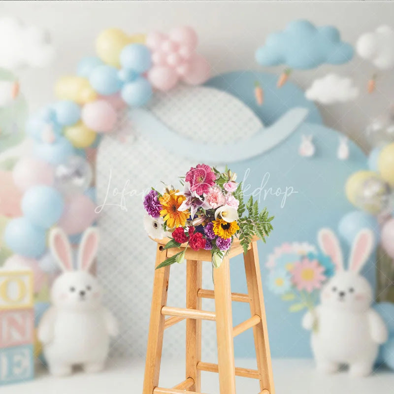 Lofaris Easter Bunny and Pastel Balloon Backdrop Cute Rabbit Spring Flowers Clouds Photo Background for Kids Birthday