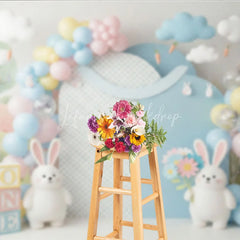 Lofaris Easter Bunny and Pastel Balloon Backdrop Cute Rabbit Spring Flowers Clouds Photo Background for Kids Birthday