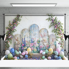 Lofaris Easter Bunny and Pastel Eggs Arch Backdrop Spring Floral Garden Party Decoration for Kids Photography