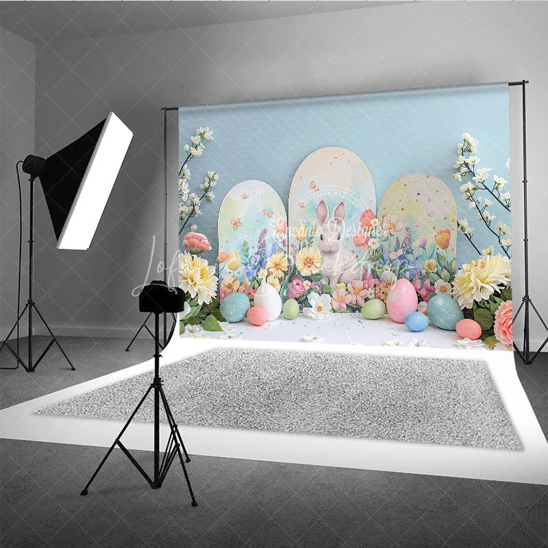 Lofaris Easter Bunny Arched Panels Backdrop Spring Floral Garden and Pastel Eggs Party Decoration