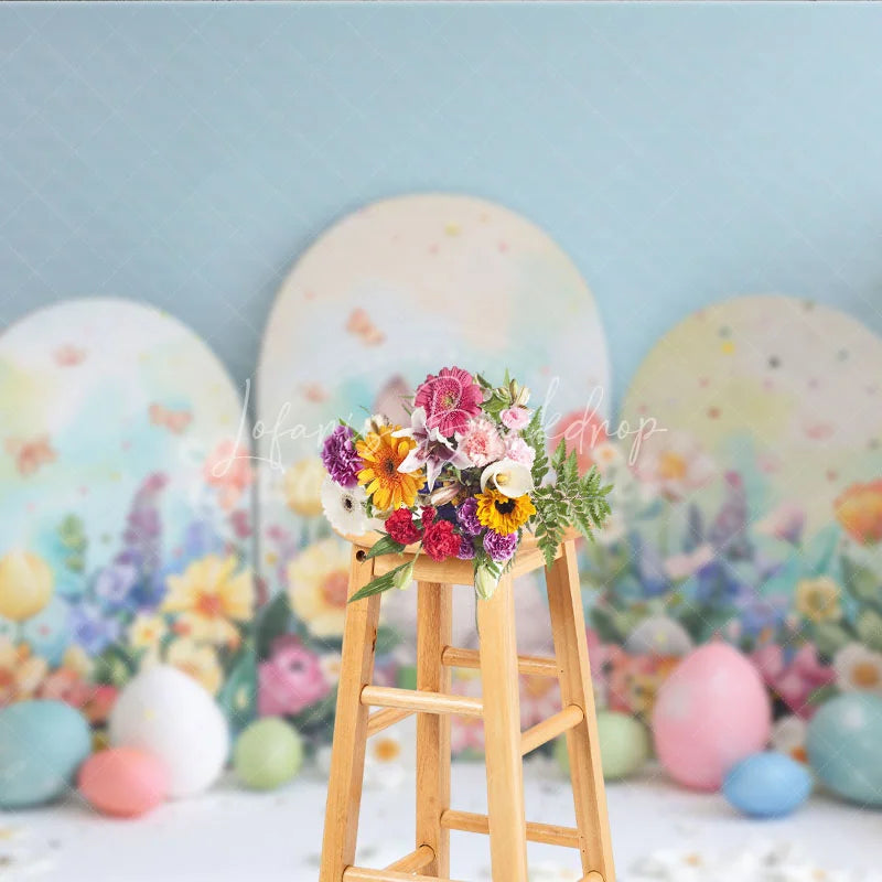 Lofaris Easter Bunny Arched Panels Backdrop Spring Floral Garden and Pastel Eggs Party Decoration