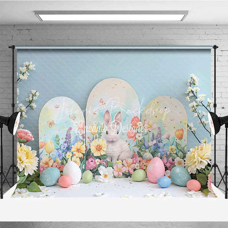 Lofaris Easter Bunny Arched Panels Backdrop Spring Floral Garden and Pastel Eggs Party Decoration
