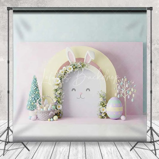Lofaris Easter Bunny Face Backdrop Pink Floral Arch Ears Background Spring Pastel Eggs Baby Shower Birthday Party Prop