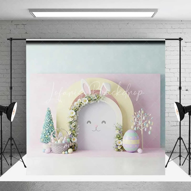 Lofaris Easter Bunny Face Backdrop Pink Floral Arch Ears Background Spring Pastel Eggs Baby Shower Birthday Party Prop
