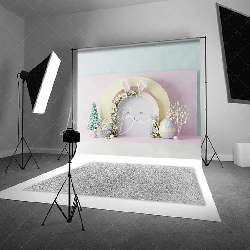 Lofaris Easter Bunny Face Backdrop Pink Floral Arch Ears Background Spring Pastel Eggs Baby Shower Birthday Party Prop
