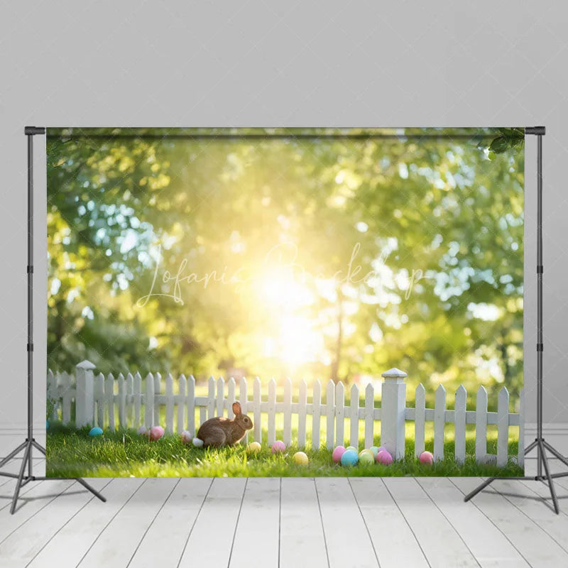 Lofaris Easter Bunny Grass Combo Set Backdrop Spring Sunlight and Picket Fence Party Background