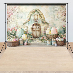 Lofaris Easter Bunny House Combo Set Backdrop Pastel Spring Floral and Eggs Party Background for Kids