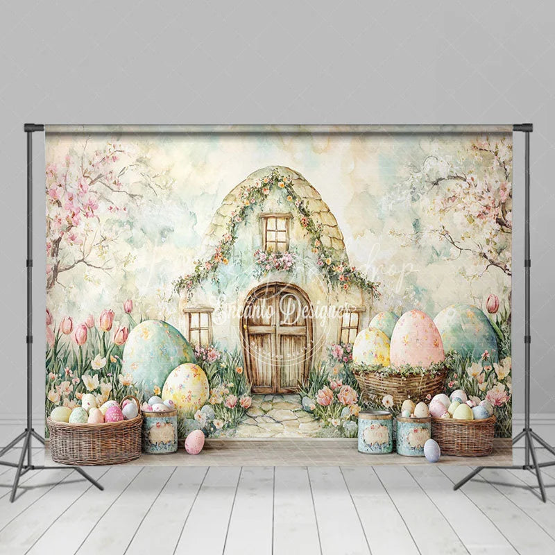Lofaris Easter Bunny House Combo Set Backdrop Pastel Spring Floral and Eggs Party Background for Kids