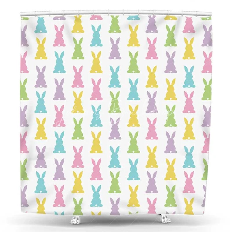 Lofaris Easter Bunny Pattern Shower Curtain Pastel Colorful Rabbit Silhouette Bathroom Decoration Simple Spring Holiday Bath Set