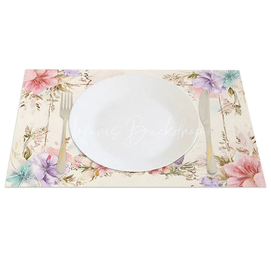 Lofaris Easter Bunny Purple Egg Set of 4 Placemats Pink Floral Rabbit Table Mats for Spring Holiday