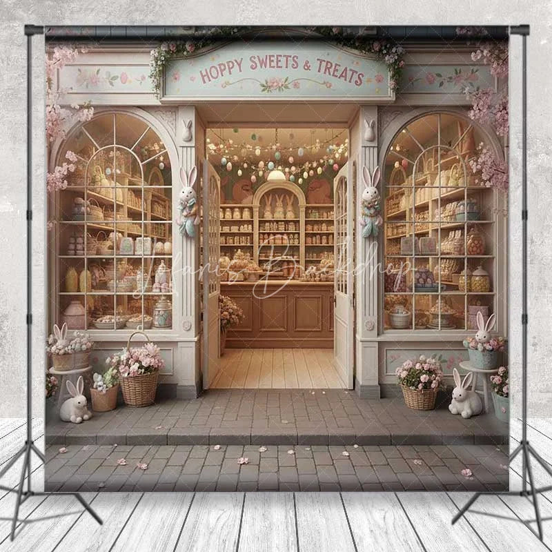 Lofaris Easter Candy Shop Backdrop Hoppy Sweets Storefront Background Spring Floral Bunny Bakery Birthday Party Prop