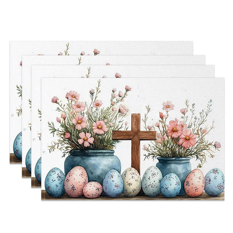 Lofaris Easter Cross Pink Flower Set of 4 Placemats Blue Pot Speckled Eggs Table Mats Spring Holiday Religious Decor