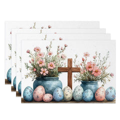 Lofaris Easter Cross Pink Flower Set of 4 Placemats Blue Pot Speckled Eggs Table Mats Spring Holiday Religious Decor