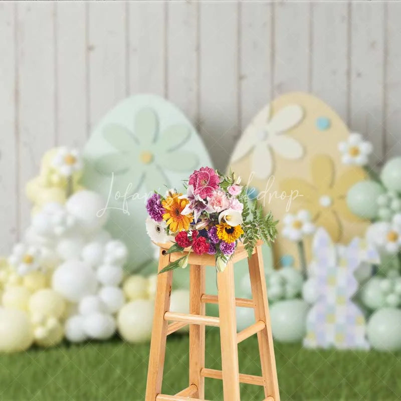 Lofaris Easter Decoration Backdrop Daisy Pattern Eggs Balloon Clouds Photography Background Spring Party