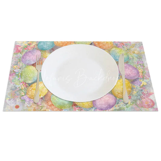 Lofaris Easter Egg Wreath Set of 4 Placemats Cute Grey Bunny Colorful Spring Floral Table Mats for Party