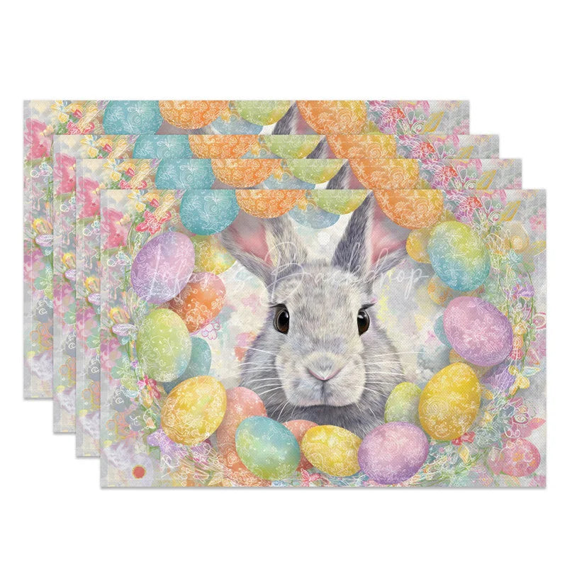 Lofaris Easter Egg Wreath Set of 4 Placemats Cute Grey Bunny Colorful Spring Floral Table Mats for Party