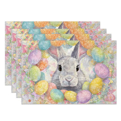 Lofaris Easter Egg Wreath Set of 4 Placemats Cute Grey Bunny Colorful Spring Floral Table Mats for Party