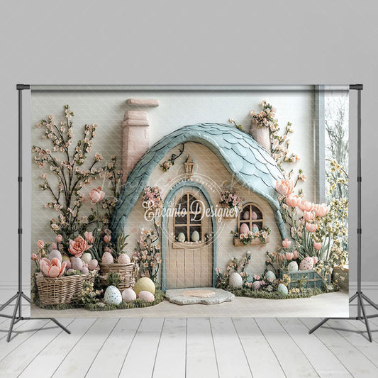 Lofaris Easter Eggs Rabbit Hutch Floral Photography Backdrop