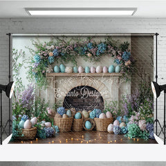 Lofaris Easter Fireplace and Floral Mantel Backdrop Spring Egg Basket Hydrangea Photography Background