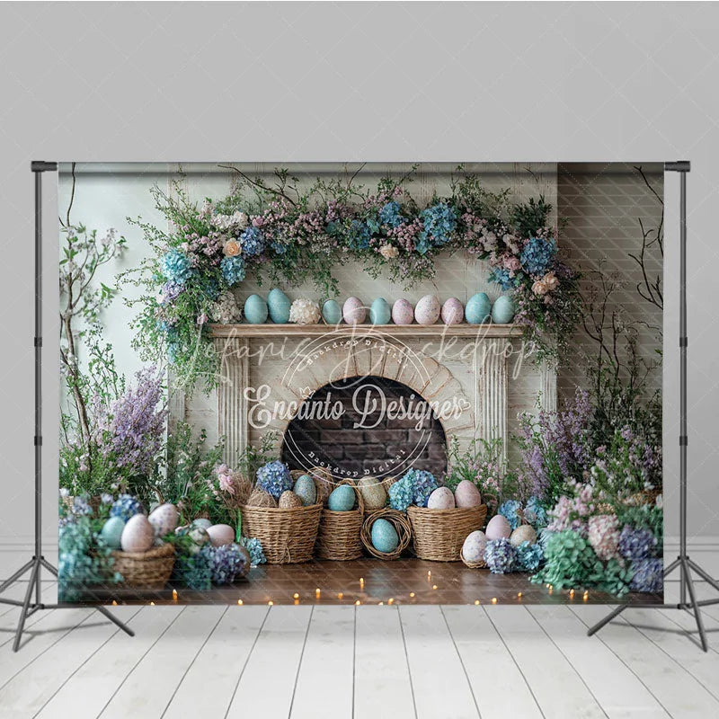 Lofaris Easter Fireplace and Floral Mantel Backdrop Spring Egg Basket Hydrangea Photography Background