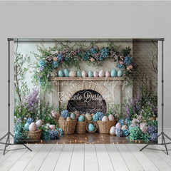 Lofaris Easter Fireplace and Floral Mantel Backdrop Spring Egg Basket Hydrangea Photography Background