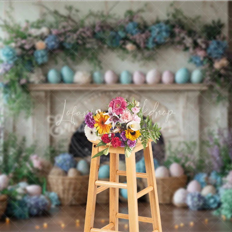 Lofaris Easter Fireplace and Floral Mantel Backdrop Spring Egg Basket Hydrangea Photography Background