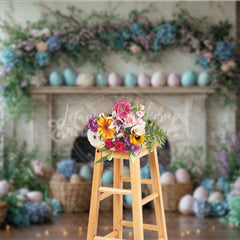 Lofaris Easter Fireplace and Floral Mantel Backdrop Spring Egg Basket Hydrangea Photography Background