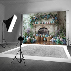 Lofaris Easter Fireplace and Floral Mantel Backdrop Spring Egg Basket Hydrangea Photography Background