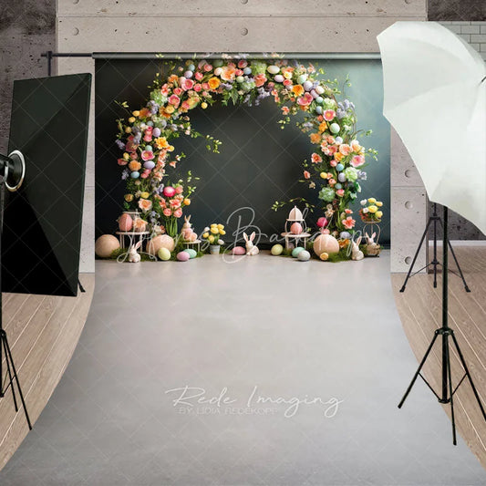 Lofaris Easter Floral Arch Backdrop Pastel Eggs and Bunny Statues on Moss Elegant Spring Celebration Background