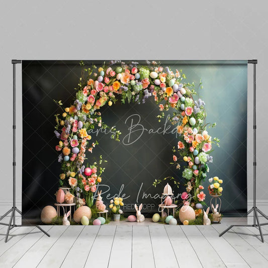 Lofaris Easter Floral Arch Backdrop Pastel Eggs and White Bunnies Spring Photography Background for Kids Portrait Props