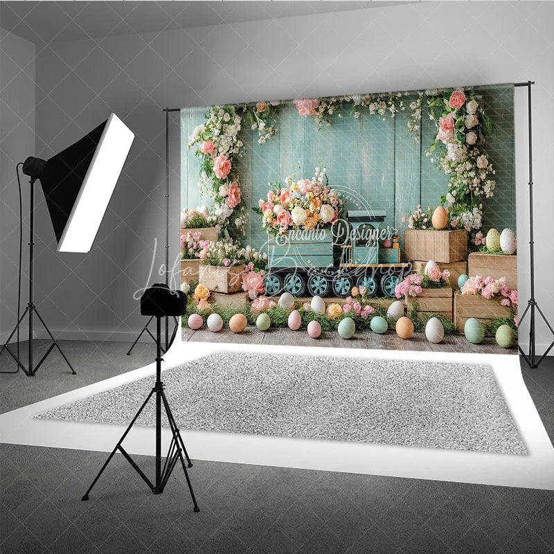 Lofaris Easter Floral Train and Wooden Crate Backdrop Teal Wood Wall Spring Blossom Photography Background