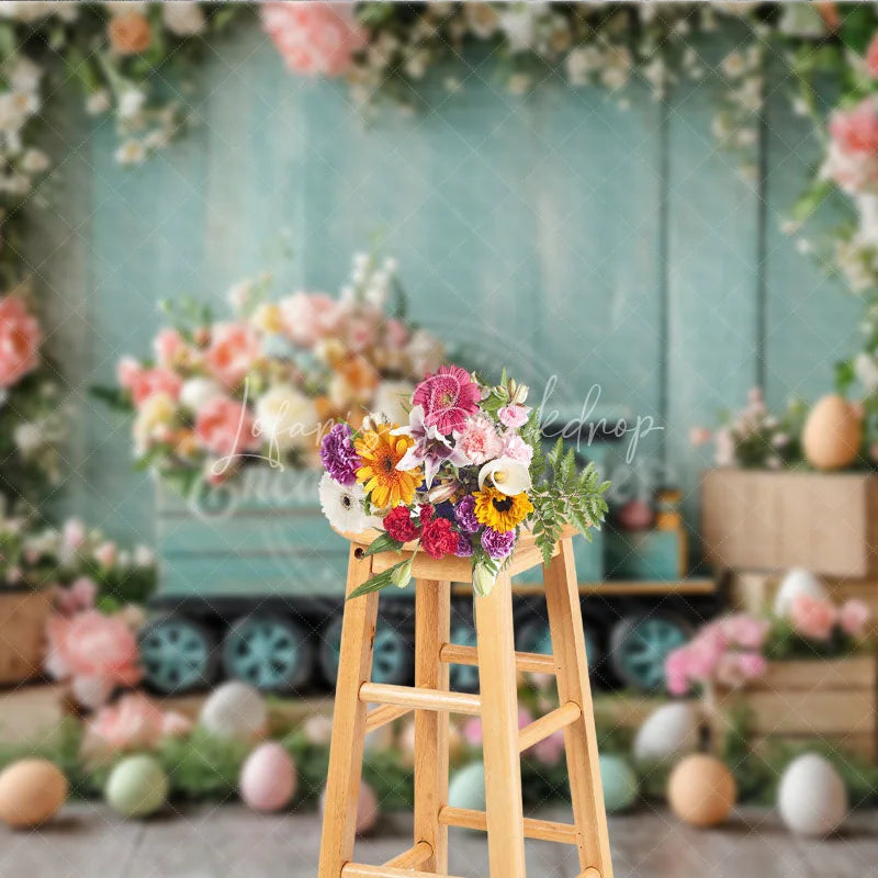 Lofaris Easter Floral Train and Wooden Crate Backdrop Teal Wood Wall Spring Blossom Photography Background