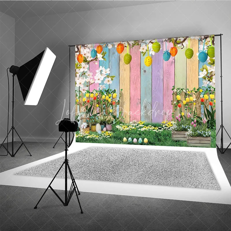 Lofaris Easter Garden Backdrop Bunny and Colorful Eggs with Tulip Flowers Background Spring Pastel Wood Fence Party Decor
