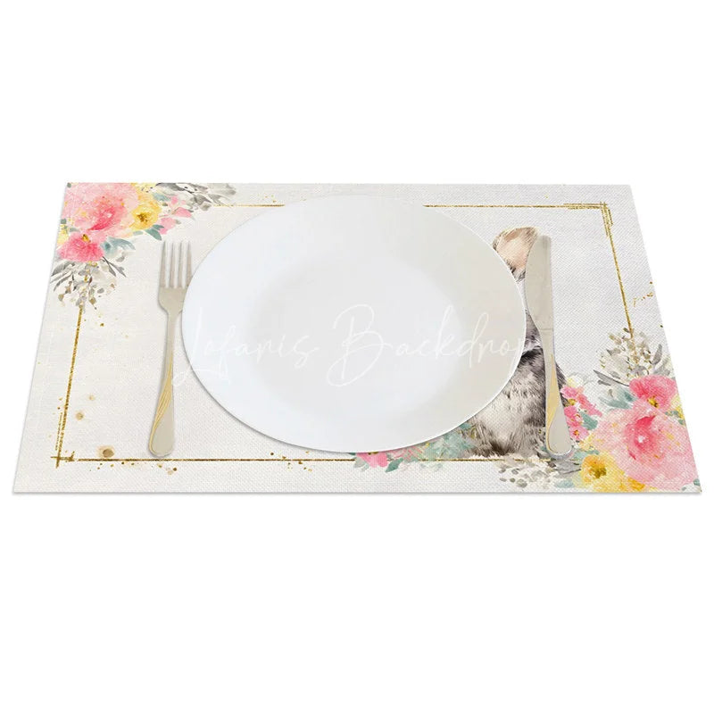 Lofaris Easter Gold Frame Bunny Set of 4 Placemats Watercolor Pink Flower Rabbit Table Mats for Spring