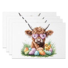 Lofaris Easter Highland Cow Set of 4 Placemats Spring Grass Chick Eggs Table Mats Farmhouse Kitchen Dining Room Decoration