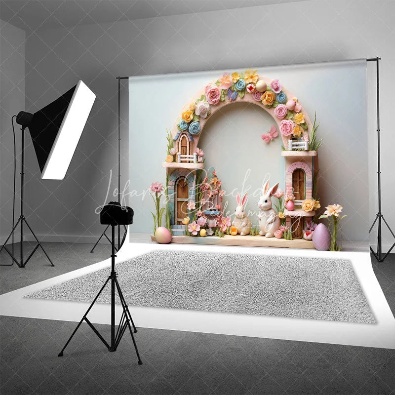 Lofaris Easter Pastel House Backdrop Colorful Spring Flowers White Bunnies and Eggs Photography Background for Kids
