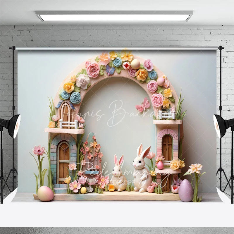 Lofaris Easter Pastel House Backdrop Colorful Spring Flowers White Bunnies and Eggs Photography Background for Kids