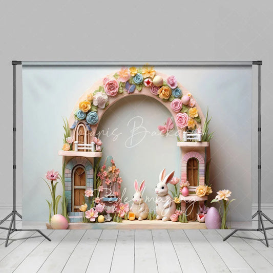 Lofaris Easter Pastel House Backdrop Colorful Spring Flowers White Bunnies and Eggs Photography Background for Kids