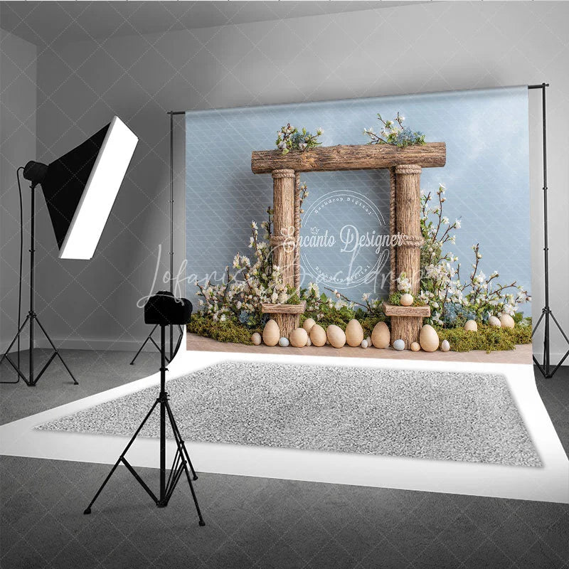 Lofaris Easter Photography Backdrop Rustic Wooden Frame with White Flowers and Eggs Spring Portrait Background
