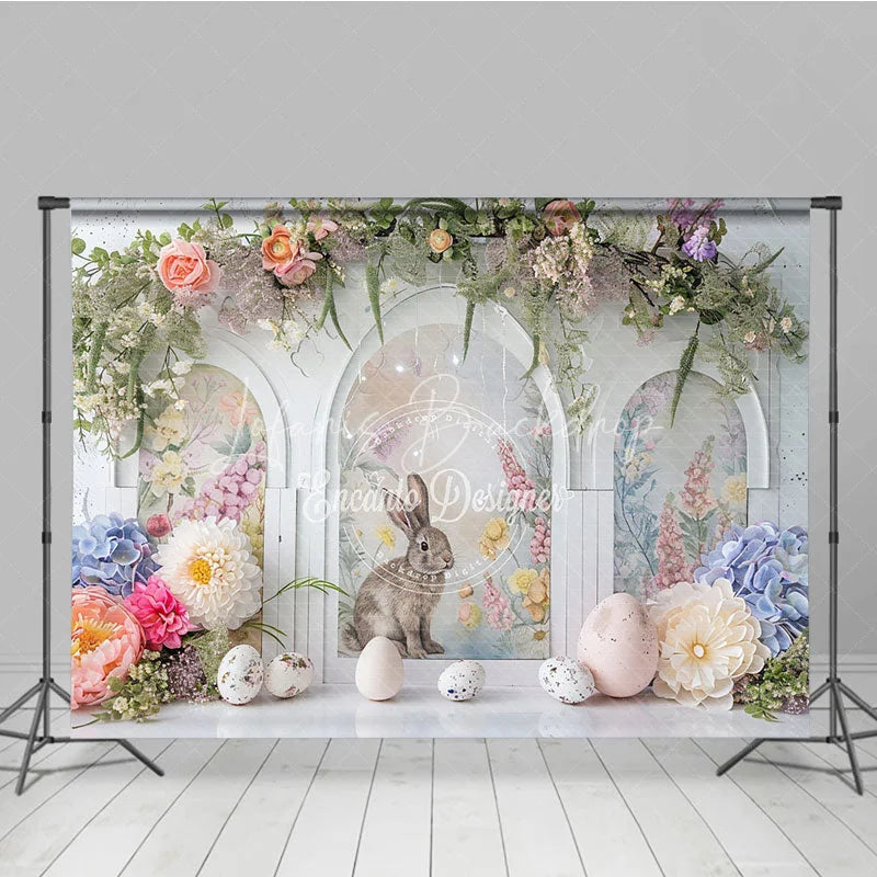 Lofaris Easter Rabbit Arched Window Backdrop Spring Floral Garland and Garden Party Decoration