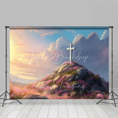 Lofaris Easter Religious Cross Backdrop Sunrise Sky and Pink Floral Rocky Hill Photography Background for Church Event
