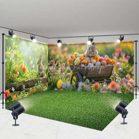 Lofaris Easter Room Set Backdrop Spring Bunny Wooden Cart Colorful Eggs Flower Photography Background Studio Decoration Prop